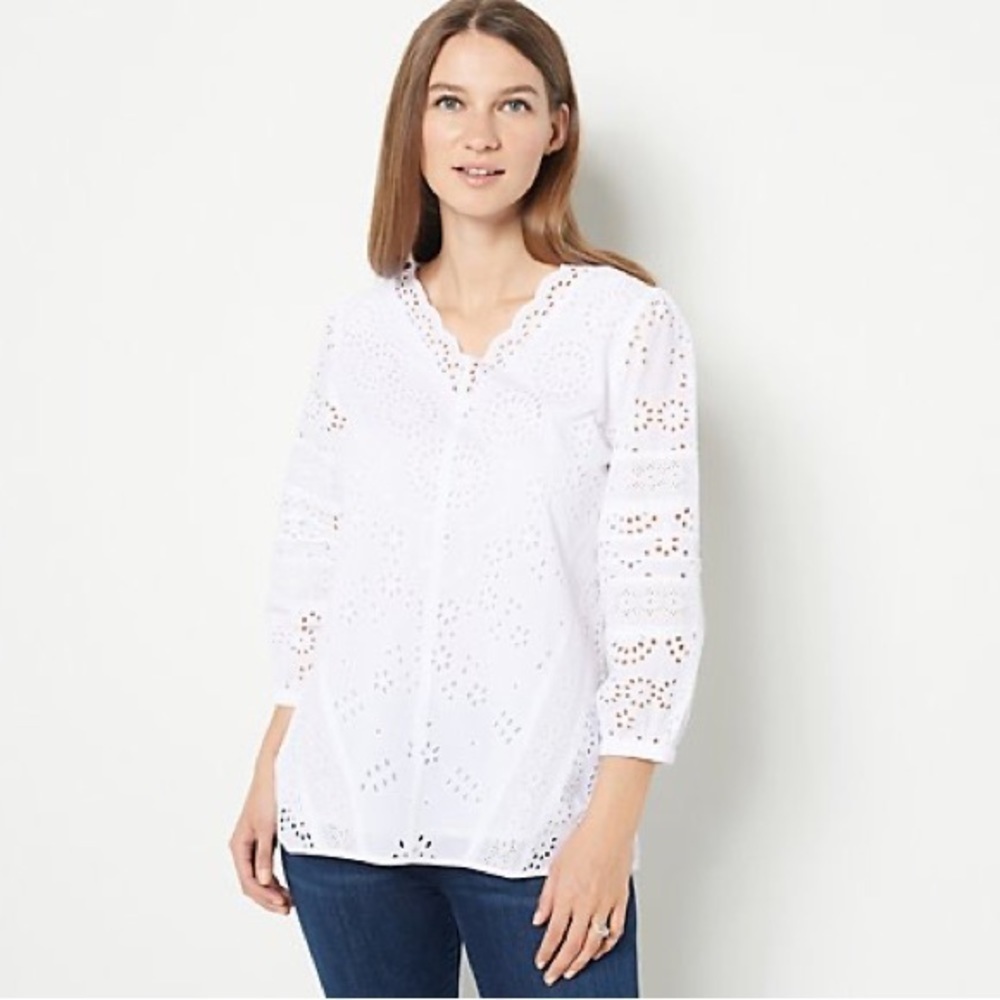 Anthropologie Tolani Collection Long Sleeve Eyelet Top